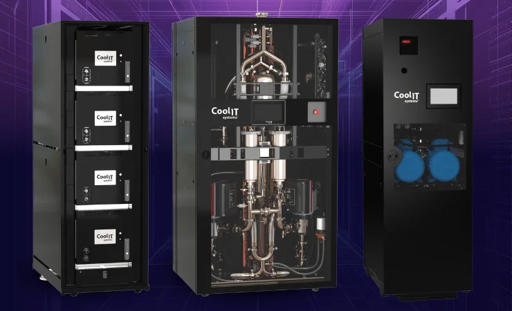 A composite image showing a front and internal view of a CoolIT liquid cooling unit set against a stylized purple and blue wireframe background of a data center.