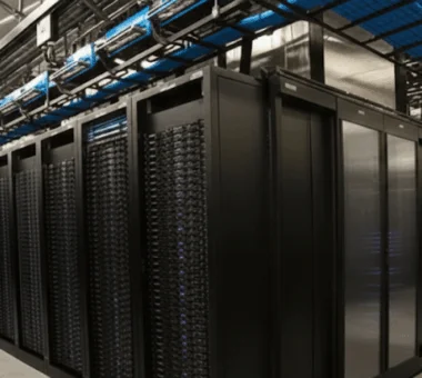 A wide-angle view of a large data center corridor showing long rows of black server racks with organized blue cabling infrastructure running along the ceiling.