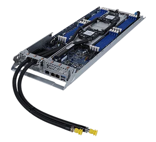 A 3D model of a slim server blade showing internal blue memory slots and a central cooling assembly with two black hoses extending from the front of the unit.