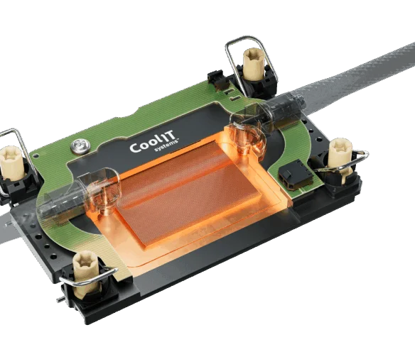 CoolIT direct liquid cooling coldplate with quick-connect fittings and braided hoses