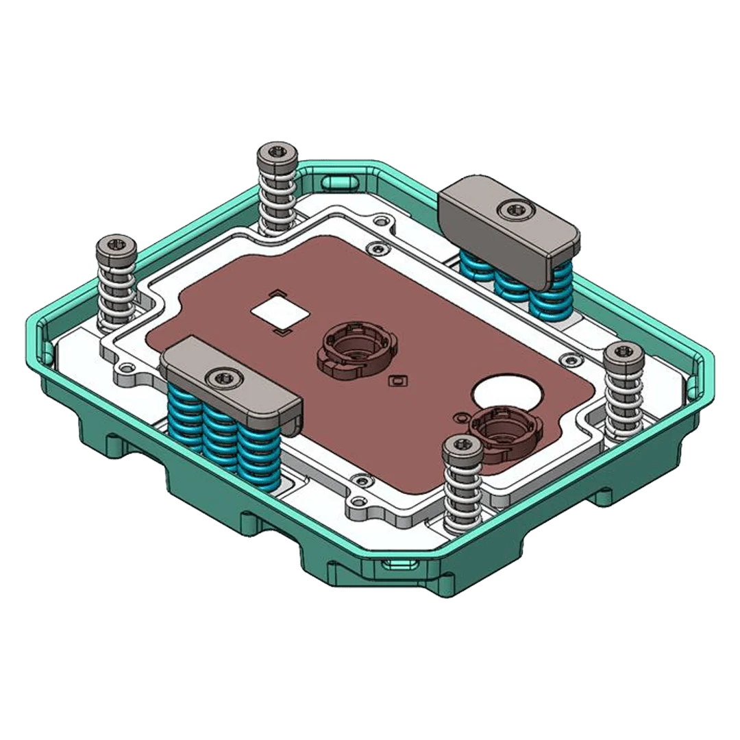 Custom cold plate designed for AMD SP7 CPU socket direct-to-chip liquid cooling.
