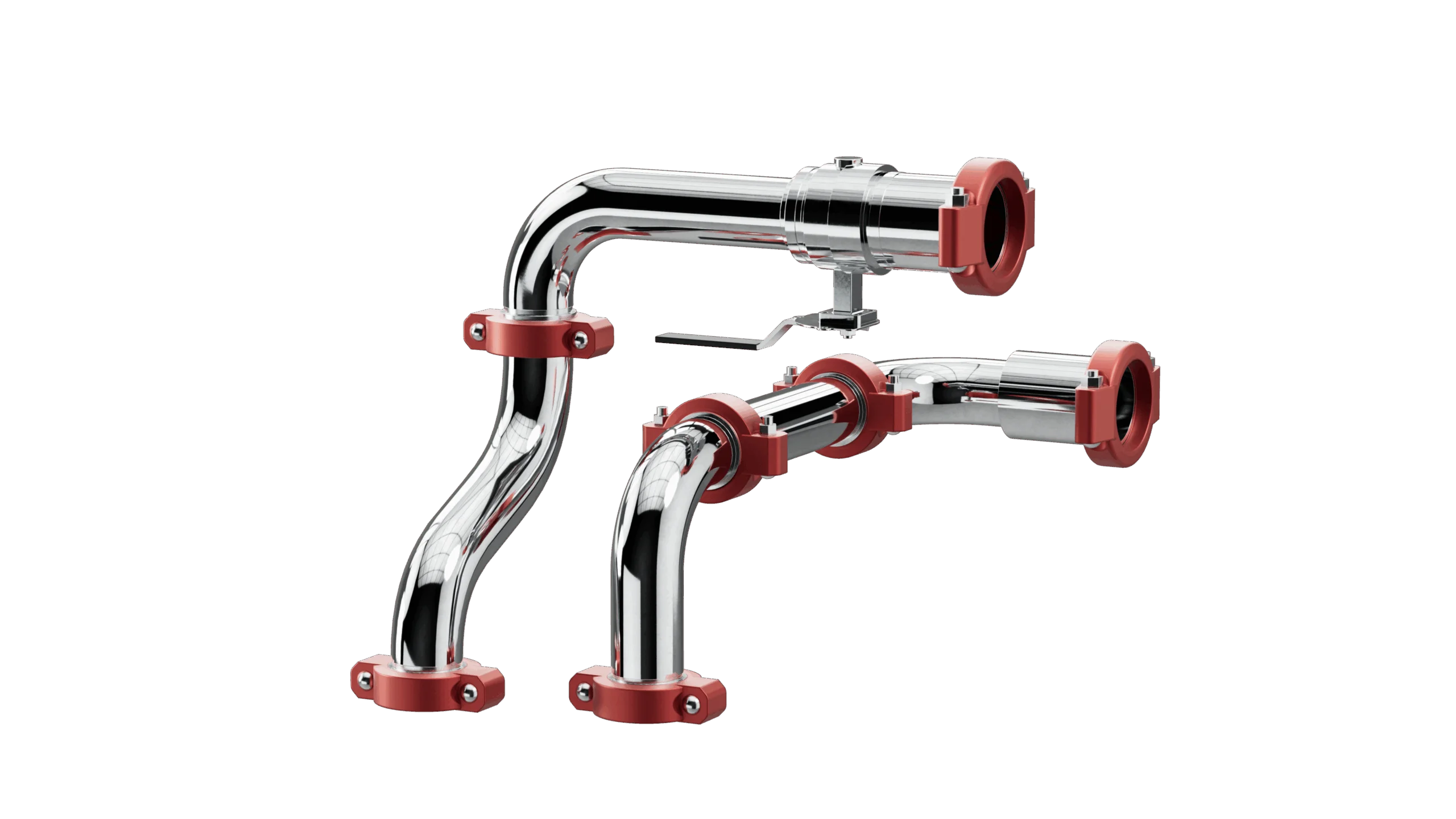 Metal piping modules used in coolant distribution units for data centre liquid cooling.