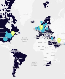 World map highlighting CoolIT Systems’ global presence and customer deployments.
