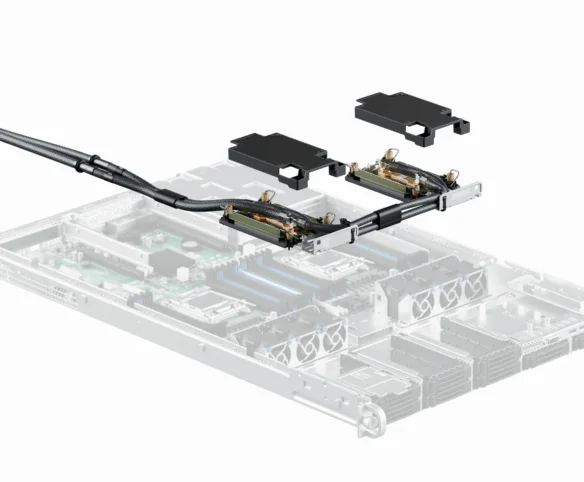 Exploded view of direct-to-chip liquid cooling system installed in a server chassis.