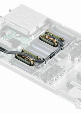Ghosted server chassis view highlighting internal liquid cooling cold plate installations.