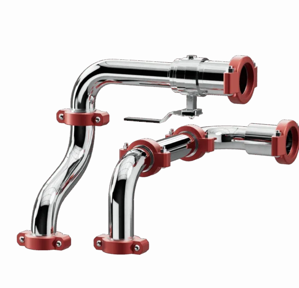 Metal piping modules used in coolant distribution units for data centre liquid cooling.