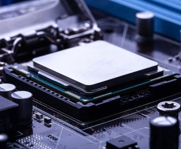 Close-up of high-performance CPU installed on motherboard for data centre computing