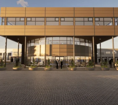 A 3D architectural visualization of a modern two-story building with a large glass-walled circular entrance and two people in suits standing out front.