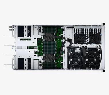 Internal view of a liquid-cooled server with cold plates and direct-to-chip cooling loops installed across high-performance GPUs and CPUs.